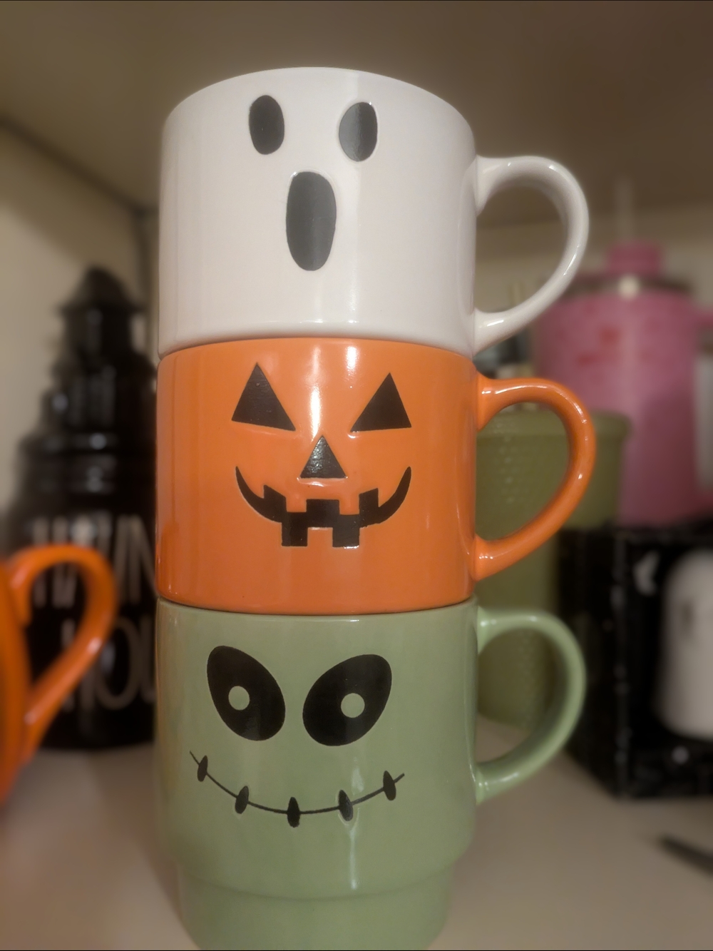 3 Piece Stackable Halloween Mugs. Ghost, Pumpkin & Frankie